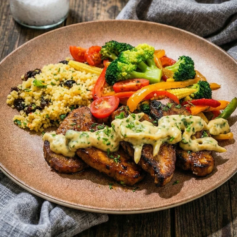 Indian Curry Duck W/ Raisin Couscous And Raita Dressing