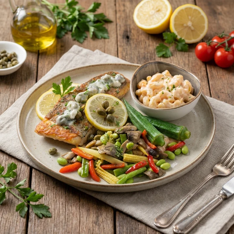 Healthy Lemon Capers Grilled Barramundi W/ Vegetables And Macaroni Salad