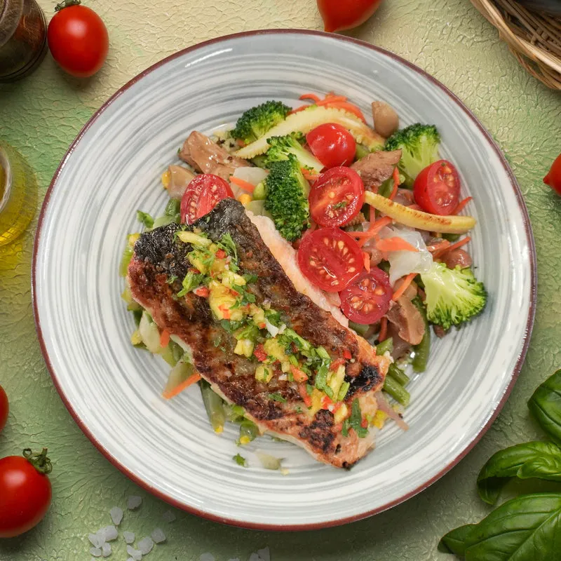Grilled Salmon W/ Steamed Greens And Citrus Salsa Verde