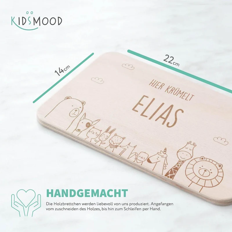 Frühstücksbrettchen Holz personalisiert Tierfamilie Krümelt