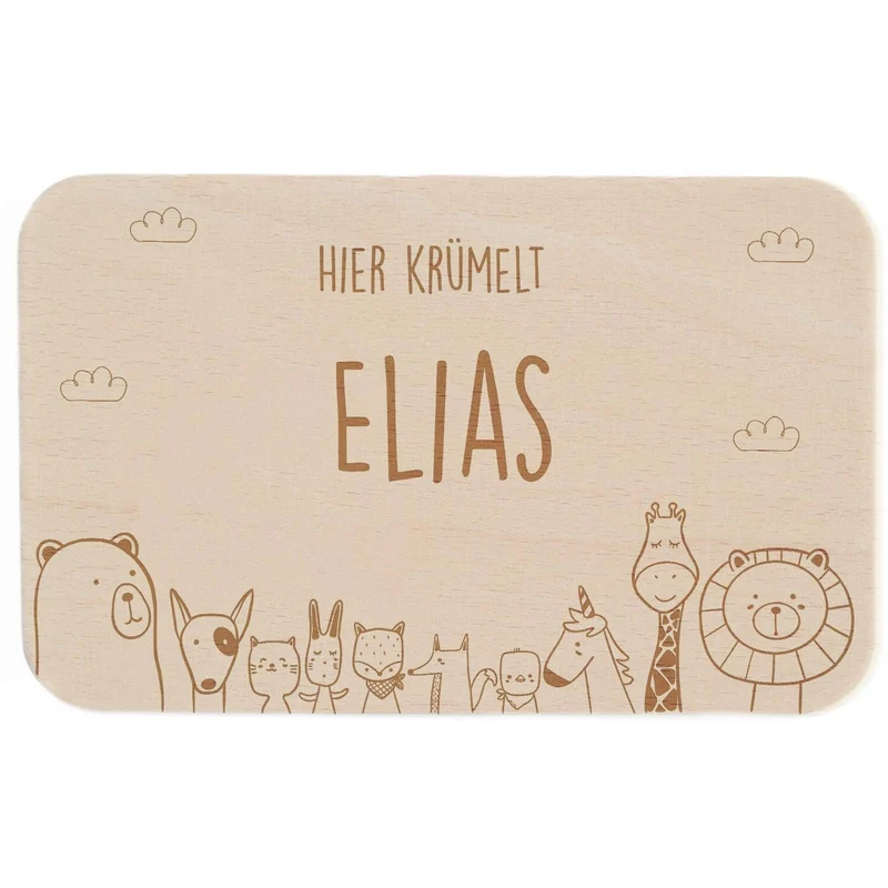 Frühstücksbrettchen Holz personalisiert Tierfamilie Krümelt