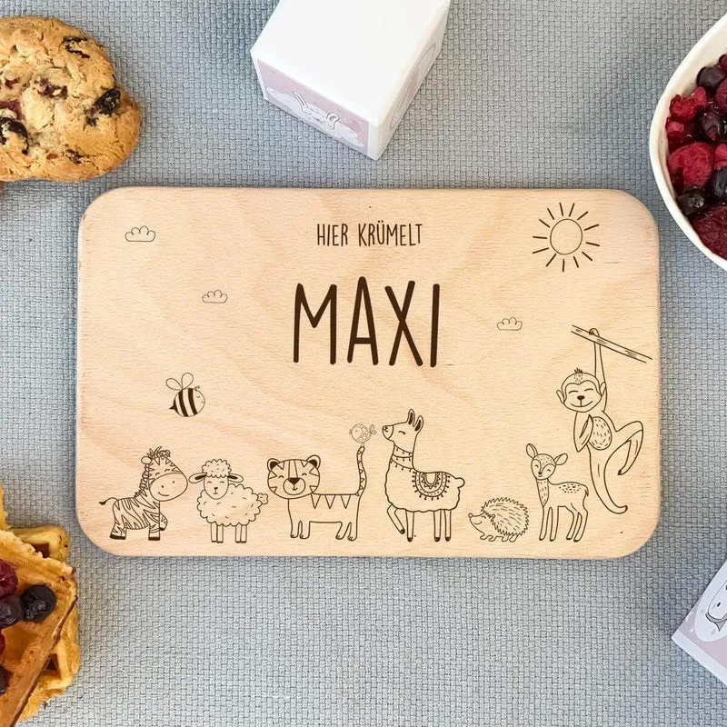 Frühstücksbrettchen Holz personalisiert Fröhliche Tierfamilie