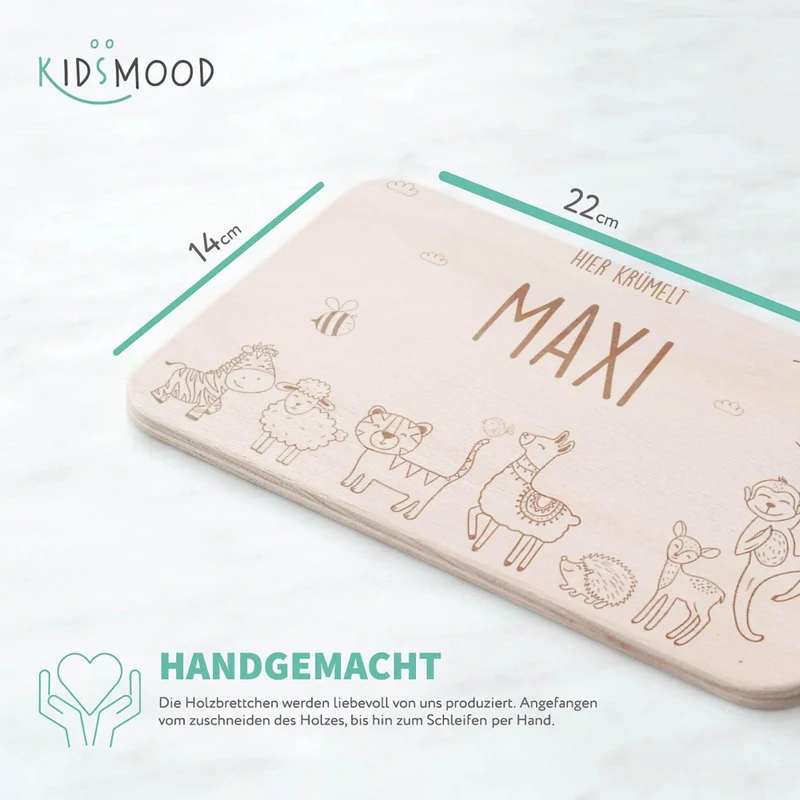 Frühstücksbrettchen Holz personalisiert Fröhliche Tierfamilie
