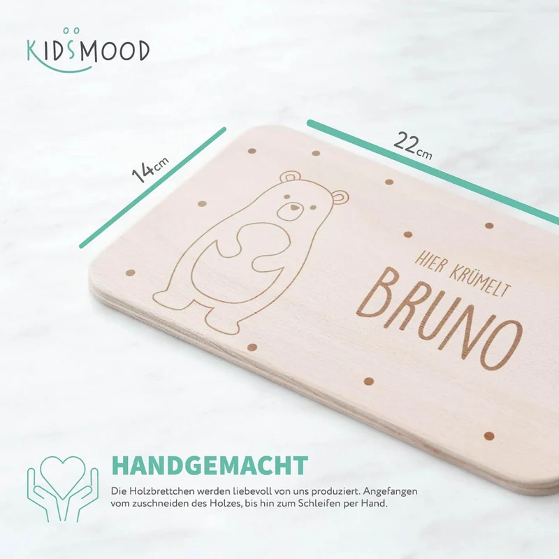 Frühstücksbrettchen Holz personalisiert Bär Happy Belly