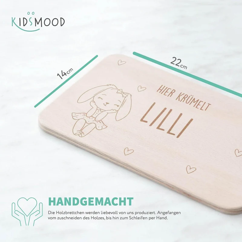 Frühstücksbrettchen Holz personalisiert Häschen im Kleid