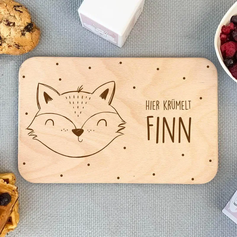 Frühstücksbrettchen Holz personalisiert Fröhlicher Fuchs