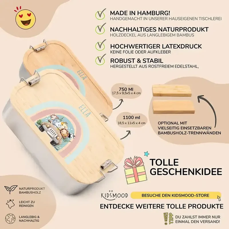 Brotdose Kinder personalisiert - Regenbogen Safari