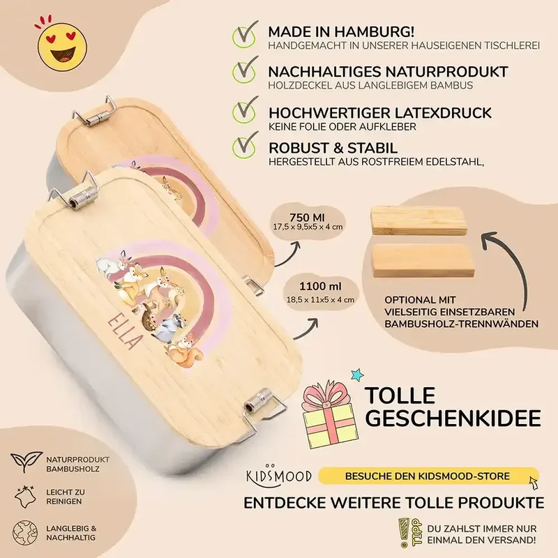Brotdose Kinder personalisiert - Regenbogen Waldtiere