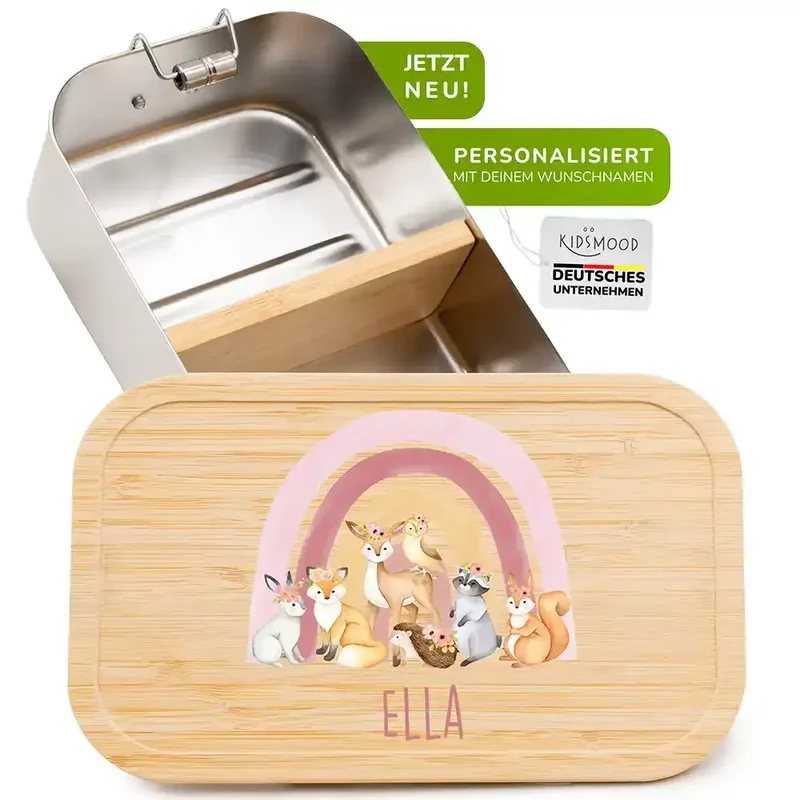 Brotdose Kinder personalisiert - Regenbogen Waldtiere