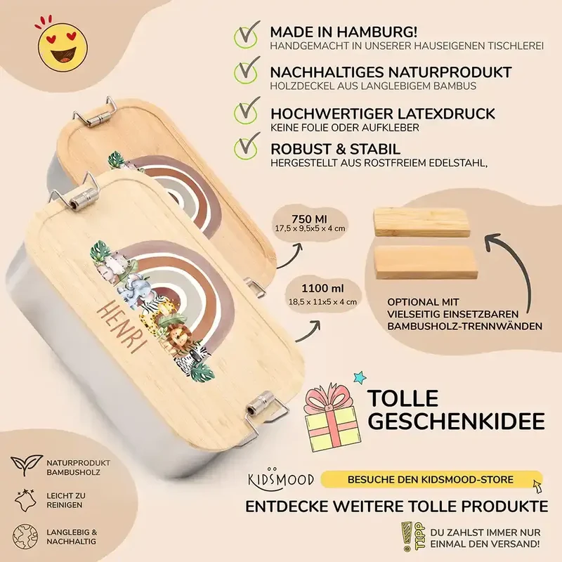 Brotdose Kinder personalisiert - Tierfamilie unter Regenbogen