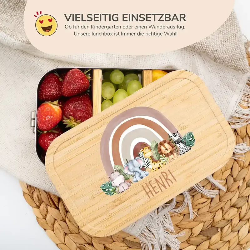Brotdose Kinder personalisiert - Tierfamilie unter Regenbogen