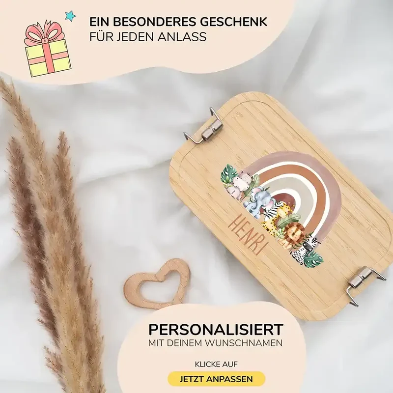 Brotdose Kinder personalisiert - Tierfamilie unter Regenbogen