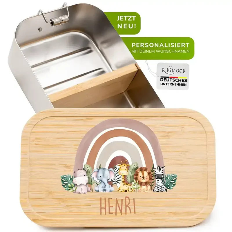 Brotdose Kinder personalisiert - Tierfamilie unter Regenbogen