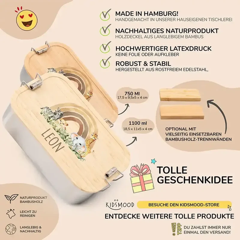 Brotdose Kinder personalisiert - Rainbow Animals