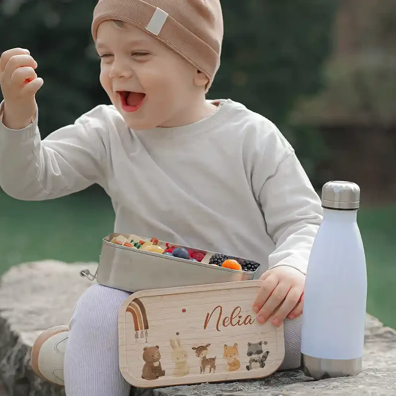 Brotdose Kinder personalisiert - Boho Tierfamilie Regenbogen