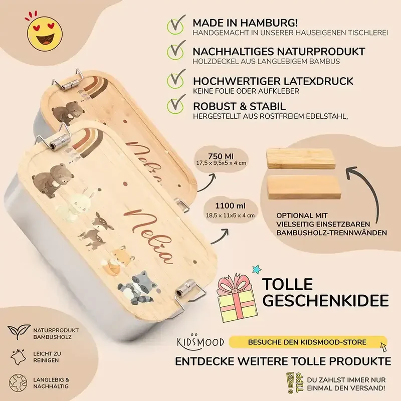 Brotdose Kinder personalisiert - Boho Tierfamilie Regenbogen