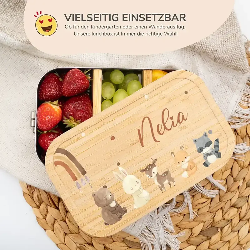 Brotdose Kinder personalisiert - Boho Tierfamilie Regenbogen