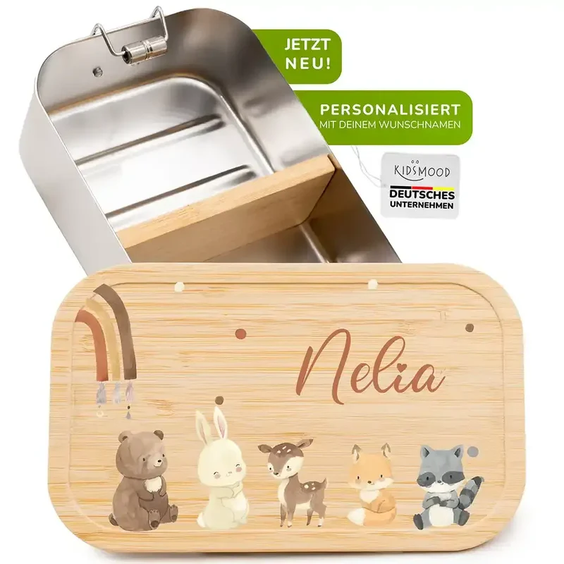 Brotdose Kinder personalisiert - Boho Tierfamilie Regenbogen