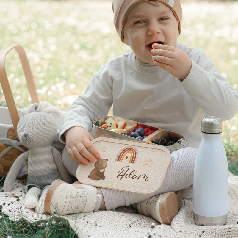 Brotdose Kinder personalisiert - Boho Bär Regenbogen