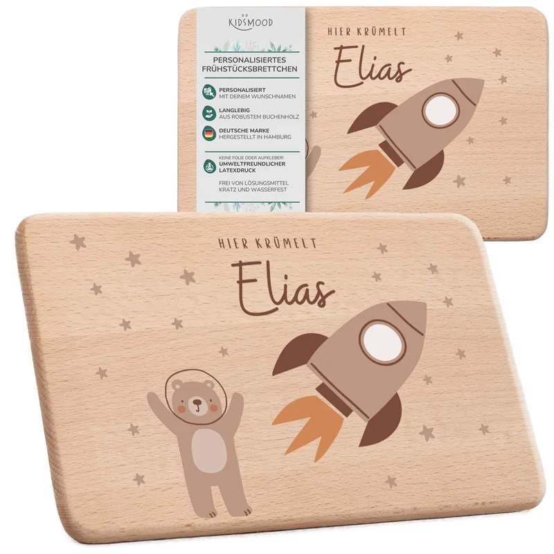 Frühstücksbrettchen Holz personalisiert - Bär Astronaut