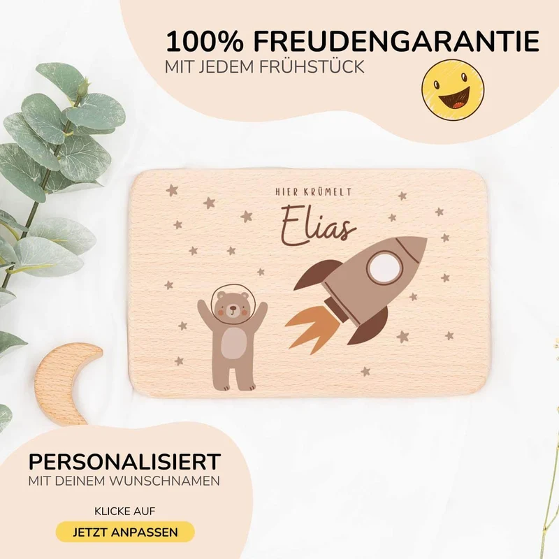 Frühstücksbrettchen Holz personalisiert - Bär Astronaut