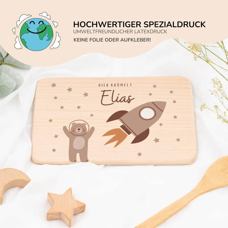Frühstücksbrettchen Holz personalisiert - Bär Astronaut