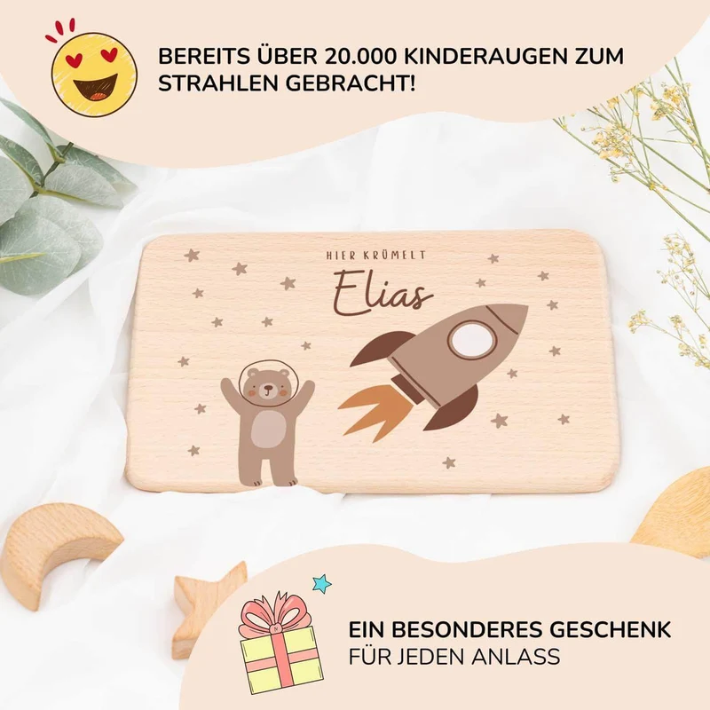 Frühstücksbrettchen Holz personalisiert - Bär Astronaut