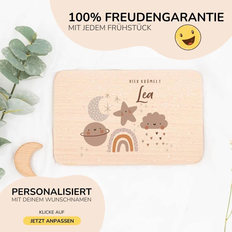 Frühstücksbrettchen Holz personalisiert - Mond Wolke Stern Regenbogen