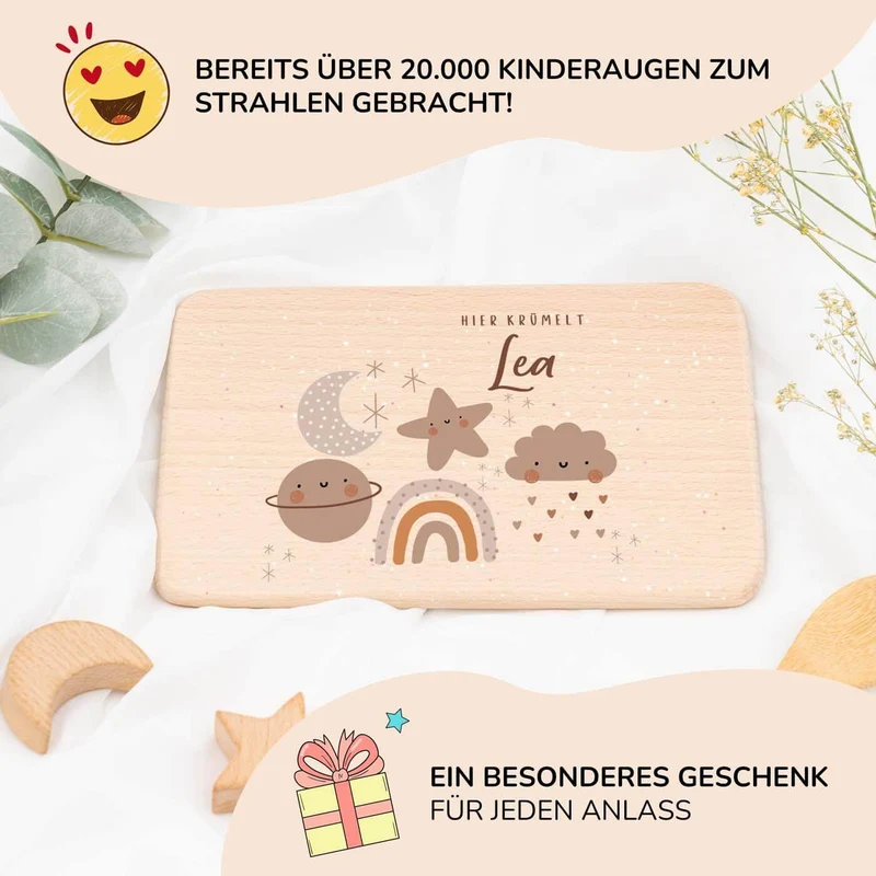 Frühstücksbrettchen Holz personalisiert - Mond Wolke Stern Regenbogen