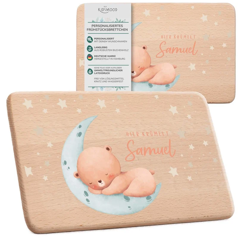Frühstücksbrettchen Holz personalisiert - Baby Bär