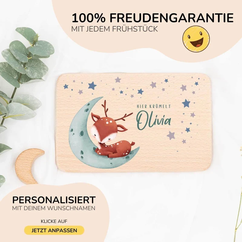 Frühstücksbrettchen Holz personalisiert - Baby Reh