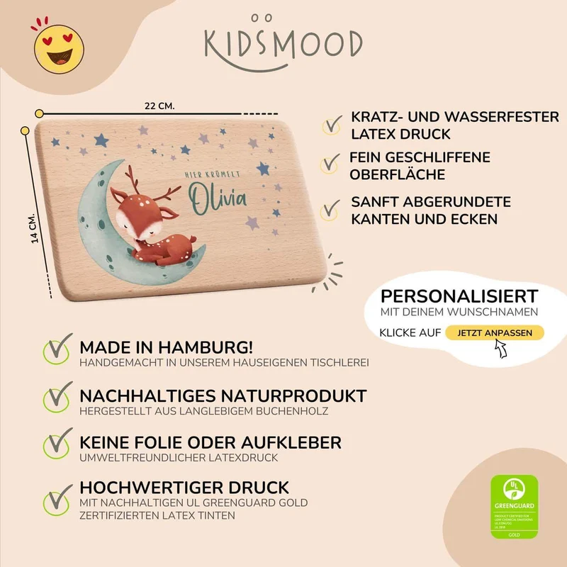 Frühstücksbrettchen Holz personalisiert - Baby Reh