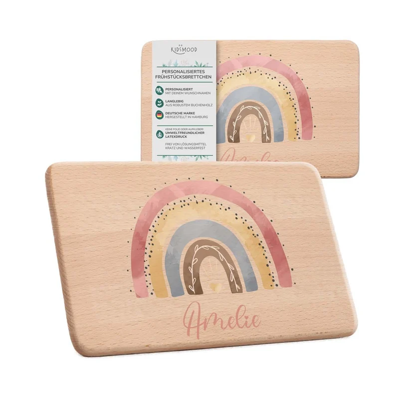 Frühstücksbrettchen Holz personalisiert - Regenbogen