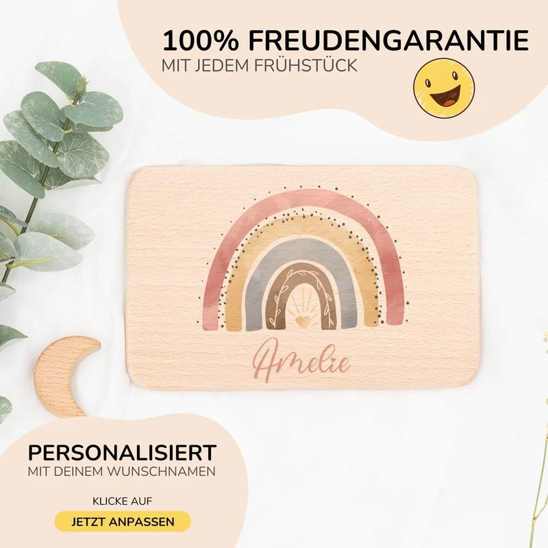 Frühstücksbrettchen Holz personalisiert - Regenbogen