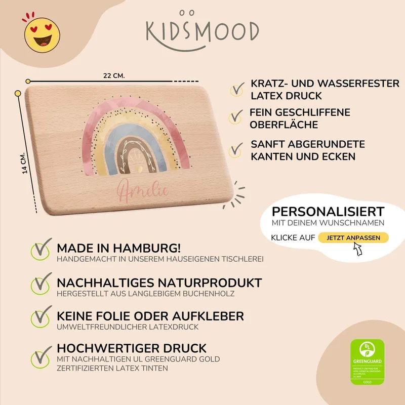 Frühstücksbrettchen Holz personalisiert - Regenbogen