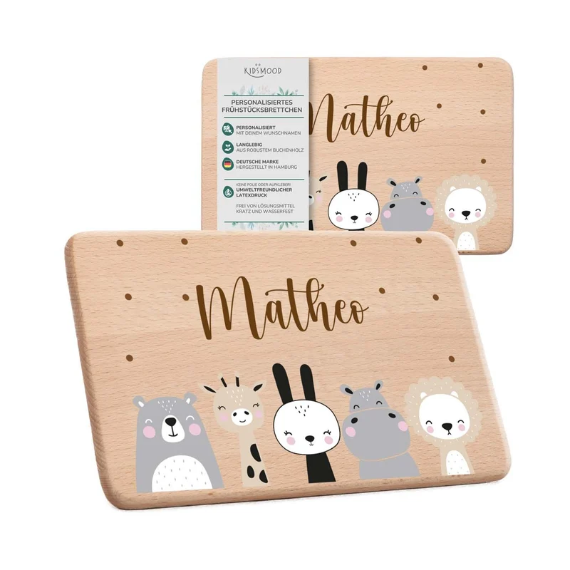 Frühstücksbrettchen Holz personalisiert - Tierfamilie
