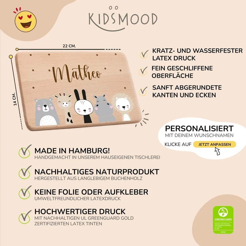 Frühstücksbrettchen Holz personalisiert - Tierfamilie
