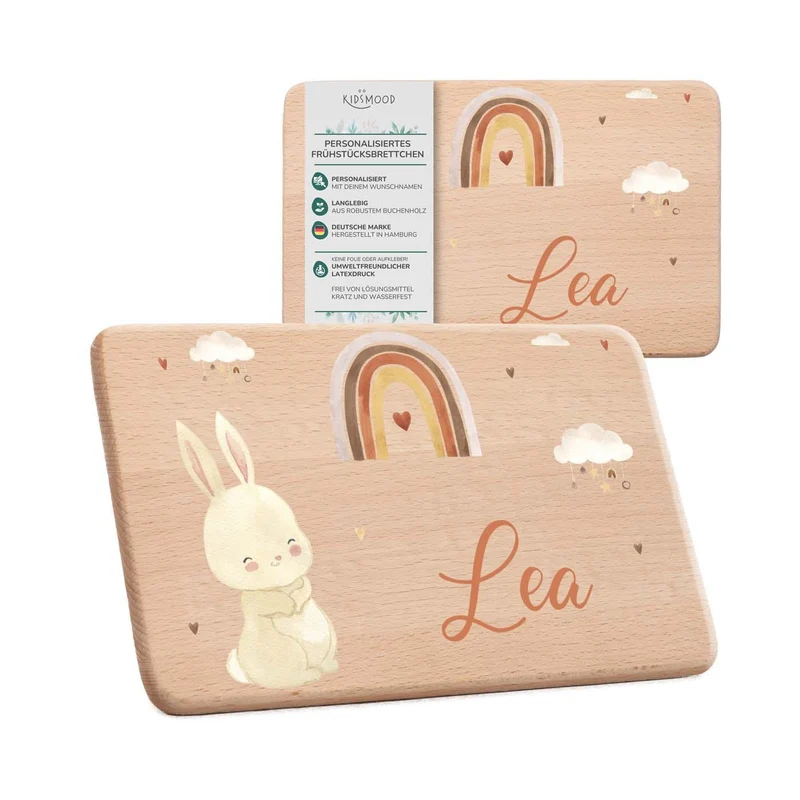 Frühstücksbrettchen Holz personalisiert - Boho Hase Regenbogen