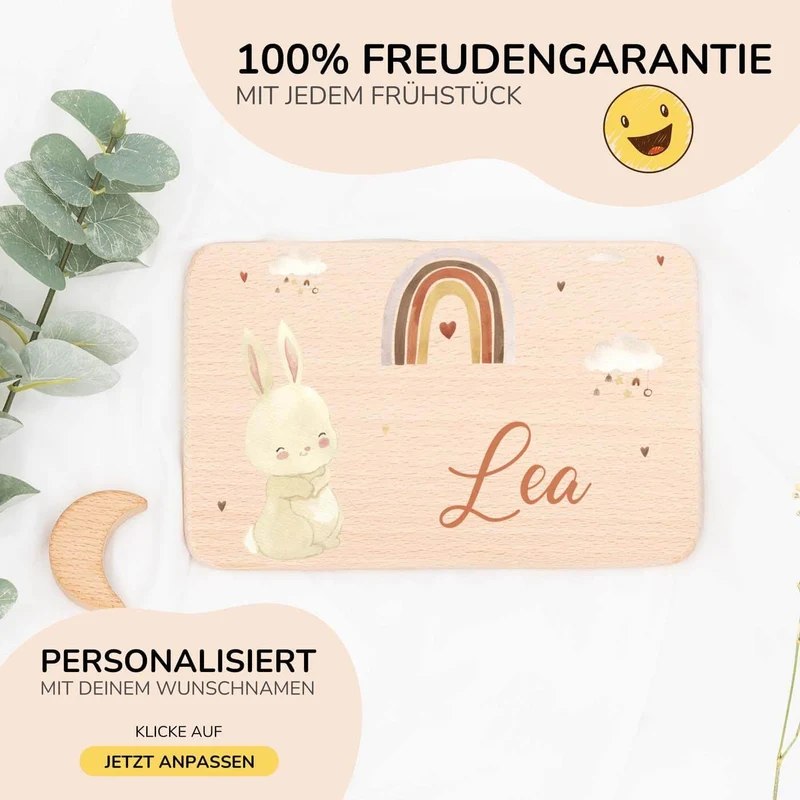 Frühstücksbrettchen Holz personalisiert - Boho Hase Regenbogen