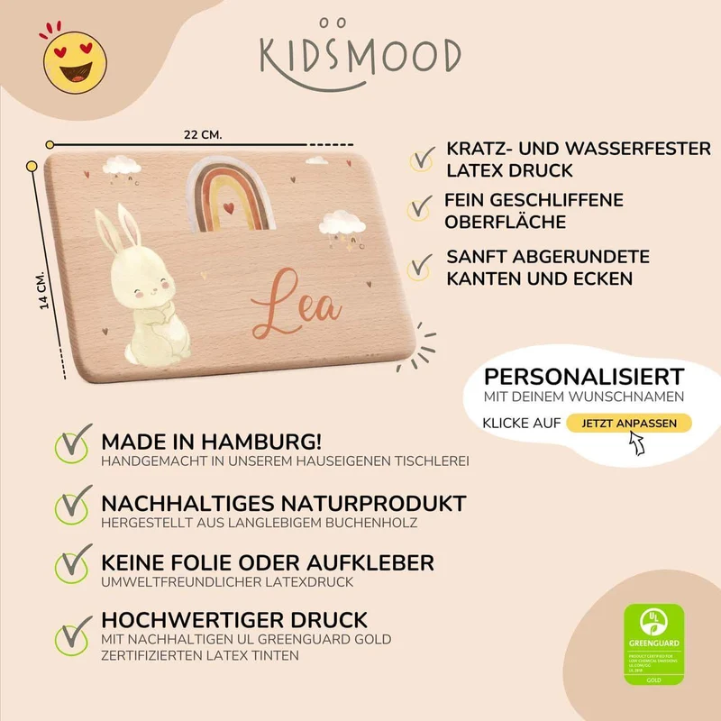 Frühstücksbrettchen Holz personalisiert - Boho Hase Regenbogen