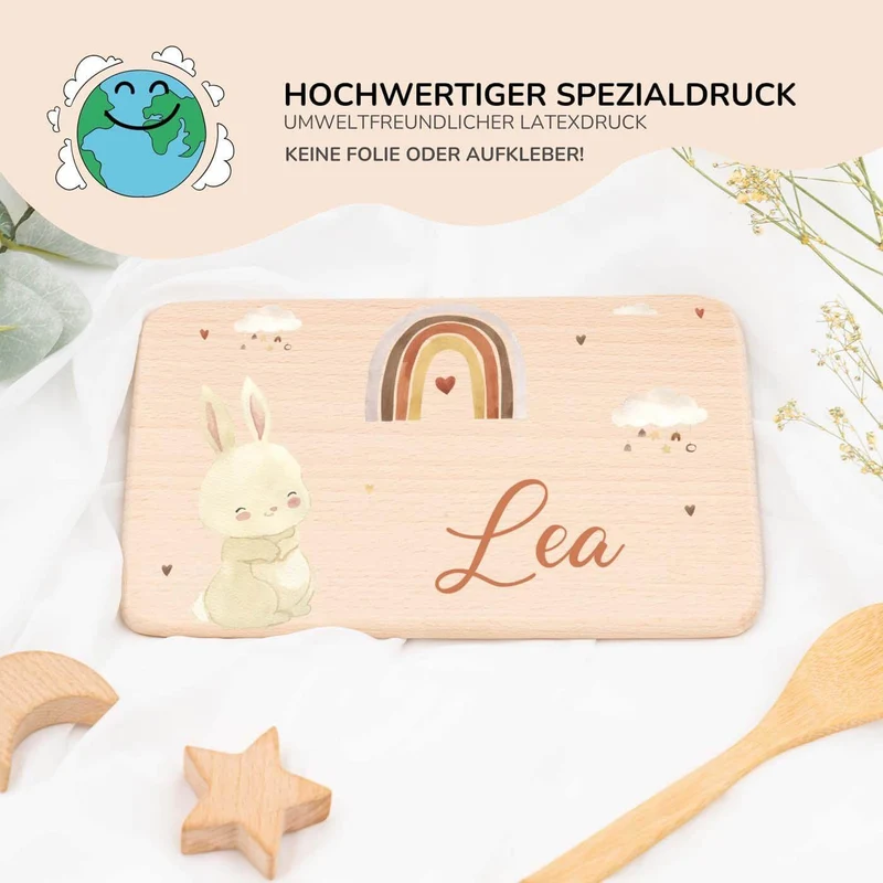 Frühstücksbrettchen Holz personalisiert - Boho Hase Regenbogen