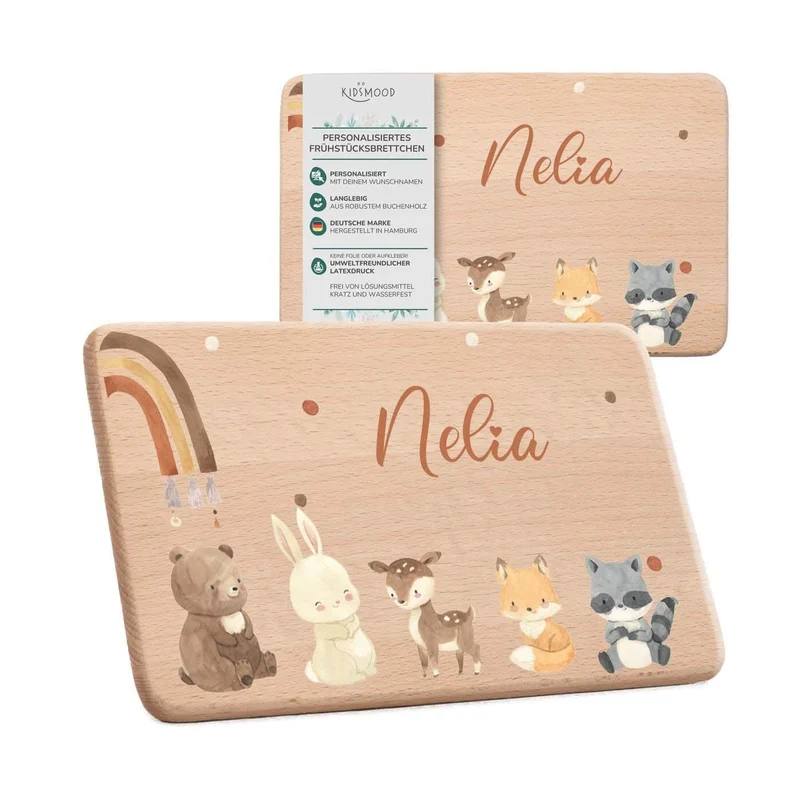 Frühstücksbrettchen Holz personalisiert - Boho Tierfamilie Regenbogen