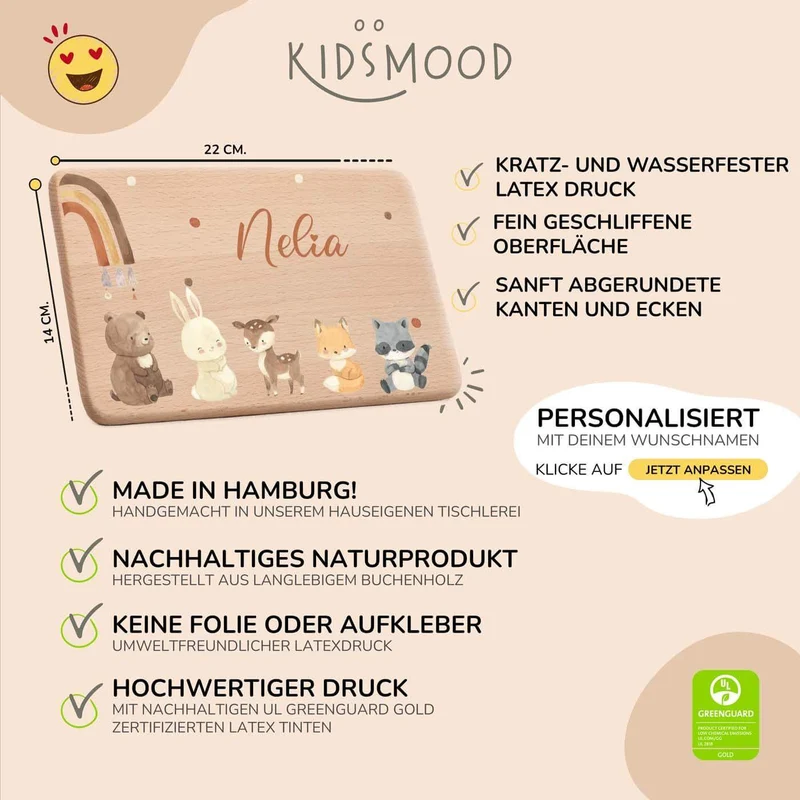 Frühstücksbrettchen Holz personalisiert - Boho Tierfamilie Regenbogen