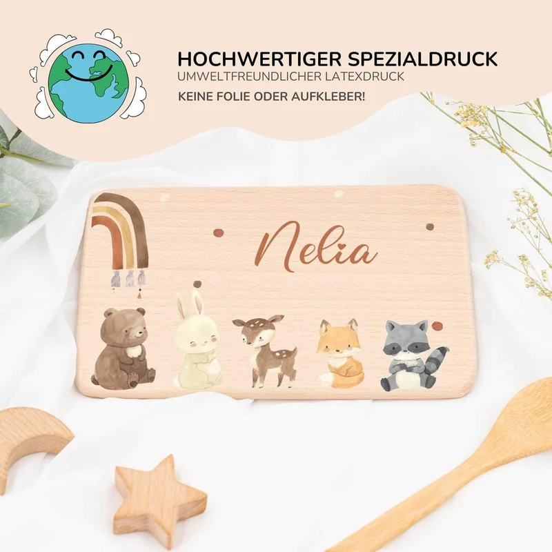 Frühstücksbrettchen Holz personalisiert - Boho Tierfamilie Regenbogen