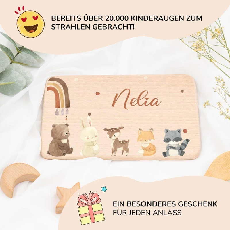 Frühstücksbrettchen Holz personalisiert - Boho Tierfamilie Regenbogen