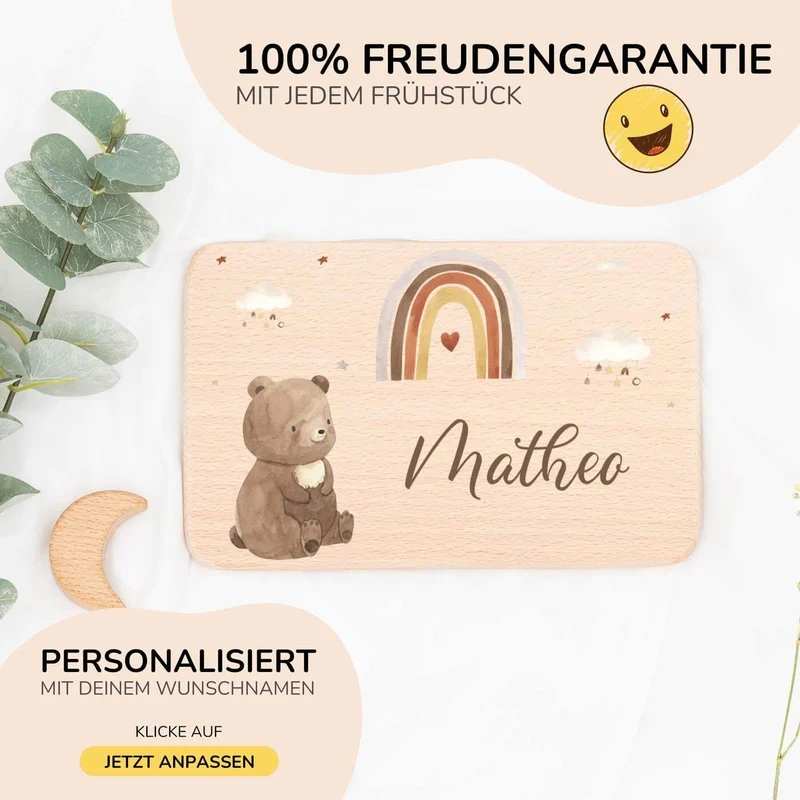 Frühstücksbrettchen Holz personalisiert - Boho Bär Regenbogen
