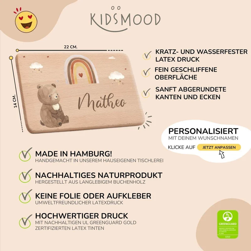 Frühstücksbrettchen Holz personalisiert - Boho Bär Regenbogen
