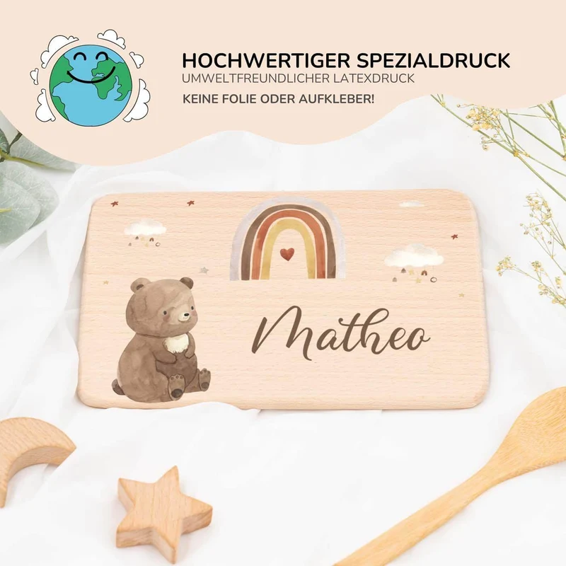 Frühstücksbrettchen Holz personalisiert - Boho Bär Regenbogen