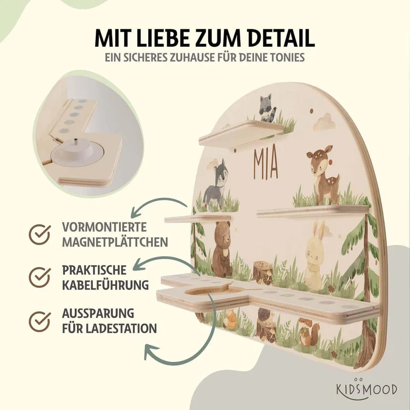 Tonie Regal aus Holz, Toniebox Regal personalisiert niedliche Waldtiere