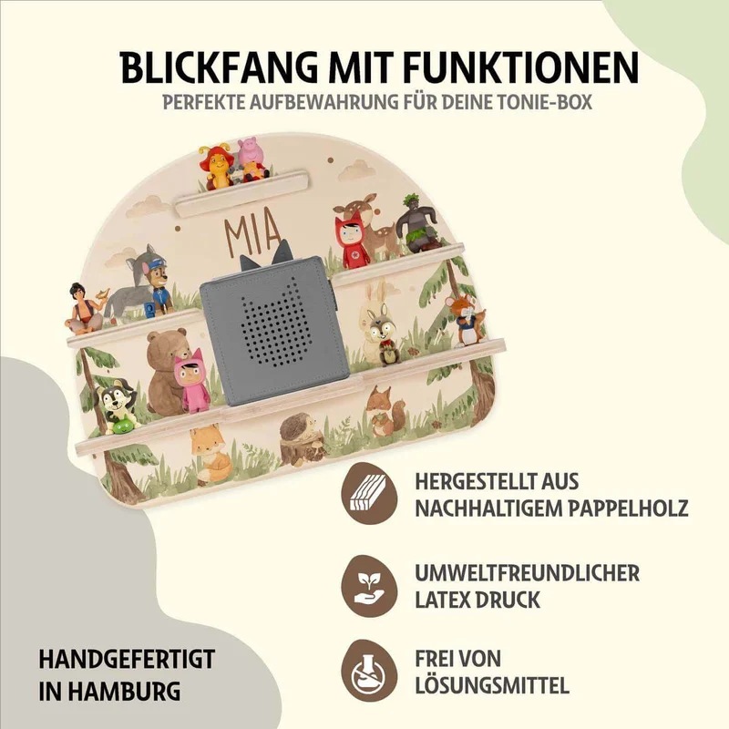 Tonie Regal aus Holz, Toniebox Regal personalisiert niedliche Waldtiere